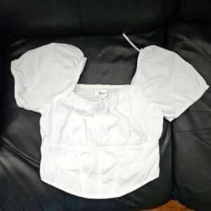 Japna Gaze Sz L White Crop Top with Puffed Sleeves Smoked Back 100% Cotton